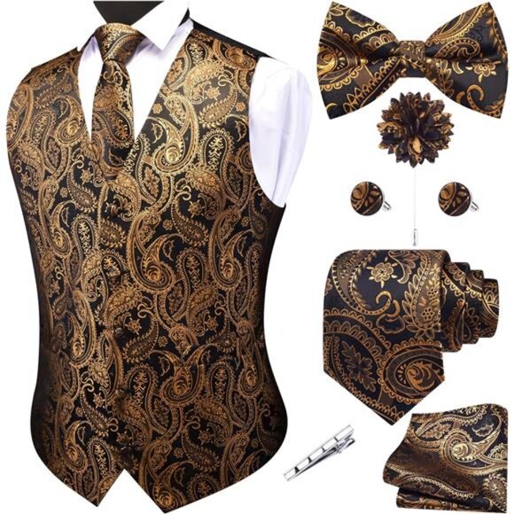 Men's V-Neck Suit Vests 7PCS Black Gold